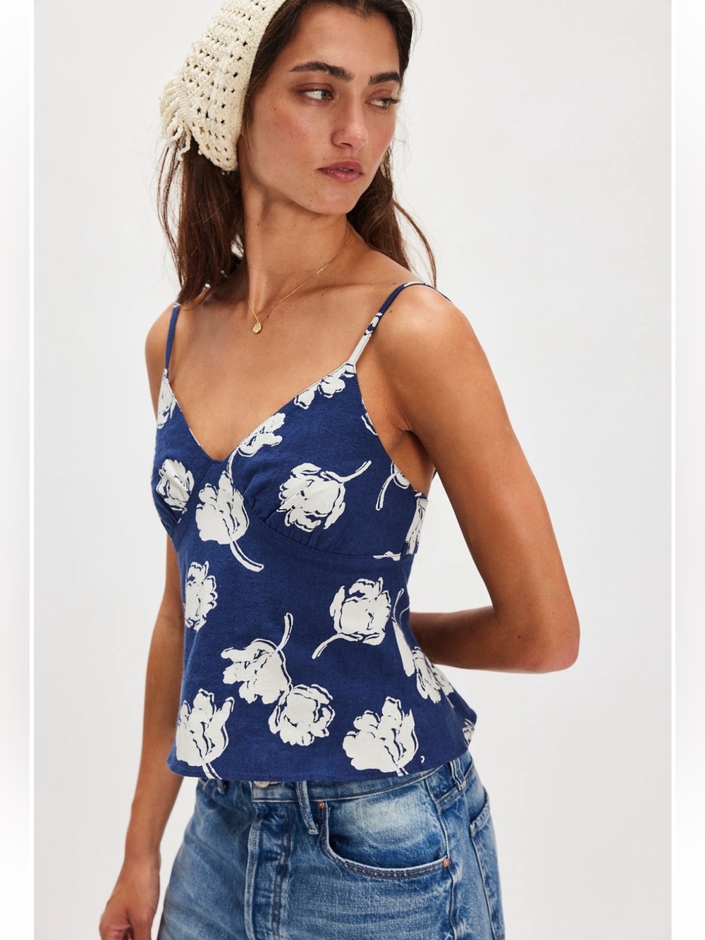 NWT Free People Susie printed tank top blue with white floral pattern